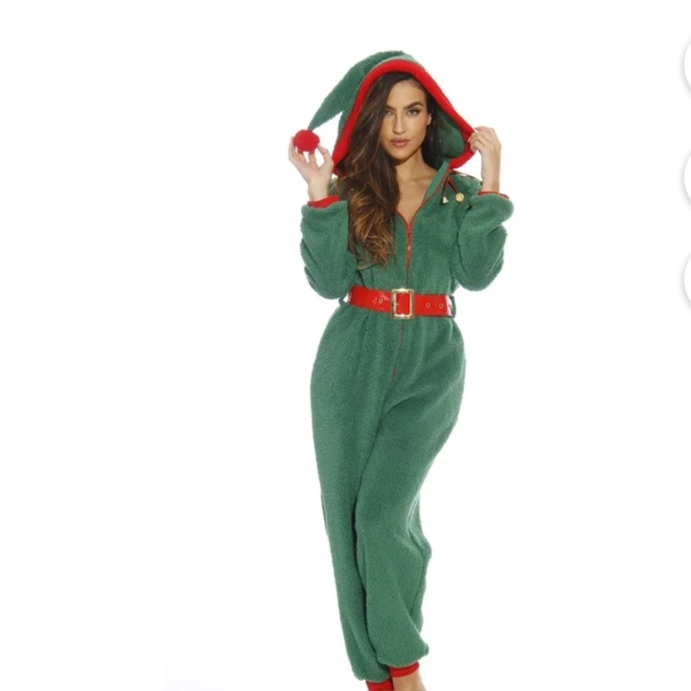 Adult Elf Onesie Pajama with Festive Bells and Red Belt NWT Size Medium
